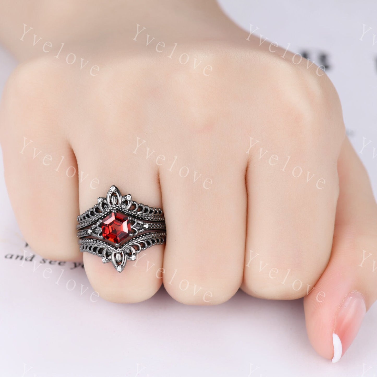 Vintage Black Gold Hexagon Cut Red Garnet Engagement Ring Set Unique Bridal Set,Diamond Ring Dark Promise Wedding Set,Celtic Enhancer Band