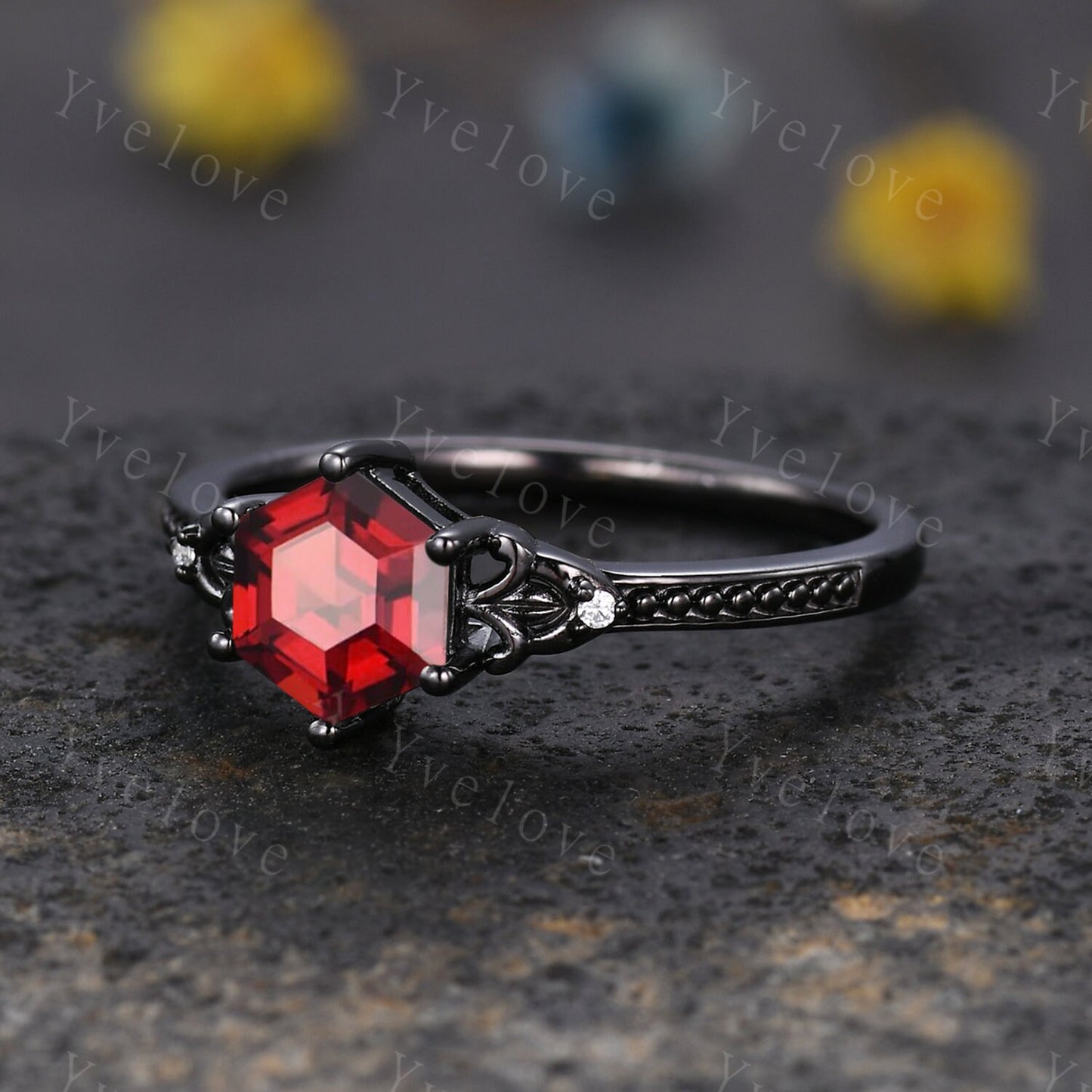 Vintage Black Gold Hexagon Cut Red Garnet Engagement Ring Set Unique Bridal Set,Diamond Ring Dark Promise Wedding Set,Celtic Enhancer Band