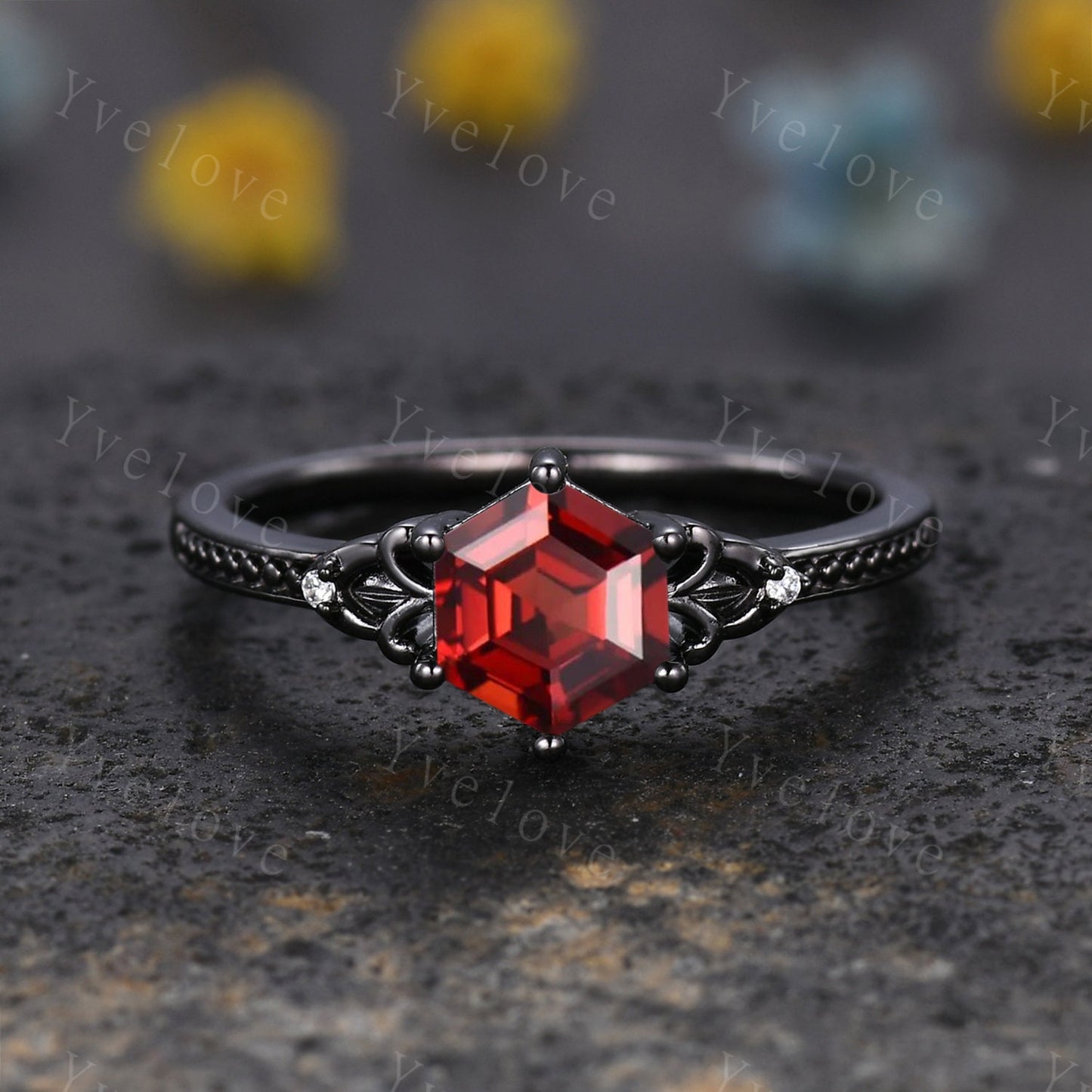 Vintage Black Gold Hexagon Cut Red Garnet Engagement Ring Set Unique Bridal Set,Diamond Ring Dark Promise Wedding Set,Celtic Enhancer Band
