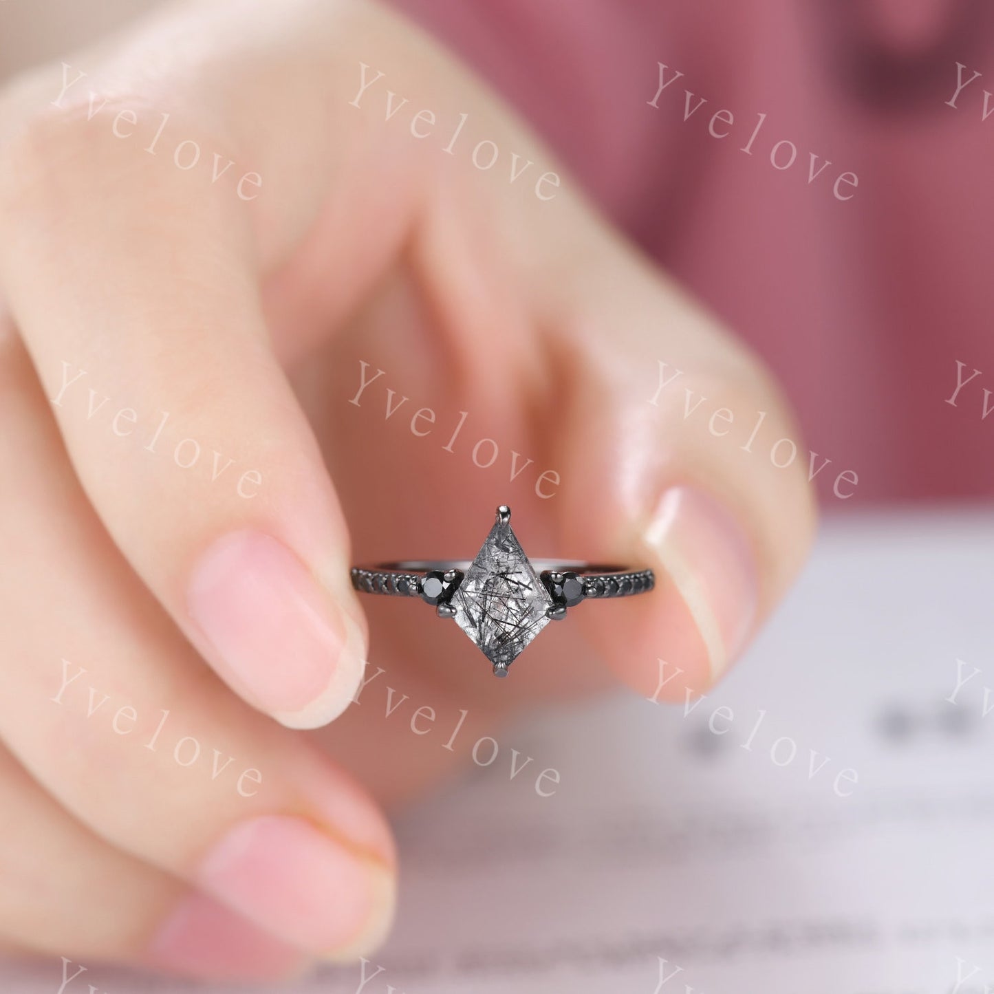 Dainty Kite Black Quartz Rutilated Engagement Ring Antique Black Gold Ring Black Gemstone Ring Bridal Ring Anniversary Ring Handmade Gift