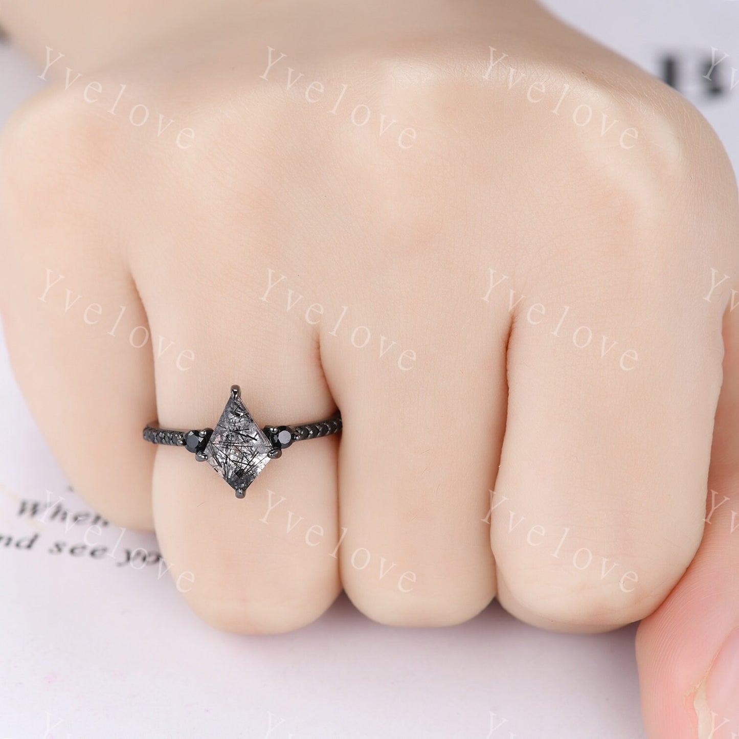 Dainty Kite Black Quartz Rutilated Engagement Ring Antique Black Gold Ring Black Gemstone Ring Bridal Ring Anniversary Ring Handmade Gift
