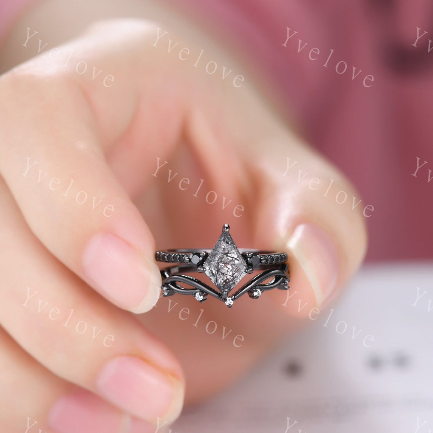 Dainty Kite Black Quartz Rutilated Engagement Ring Antique Black Gold Ring Black Gemstone Ring Bridal Ring Anniversary Ring Handmade Gift