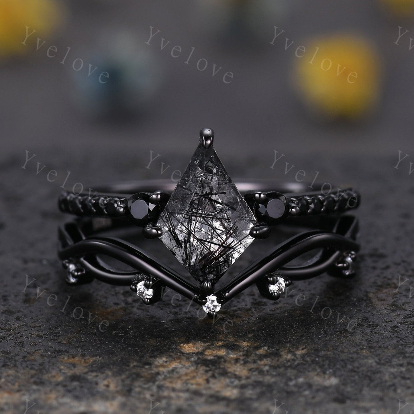 Dainty Kite Black Quartz Rutilated Engagement Ring Antique Black Gold Ring Black Gemstone Ring Bridal Ring Anniversary Ring Handmade Gift