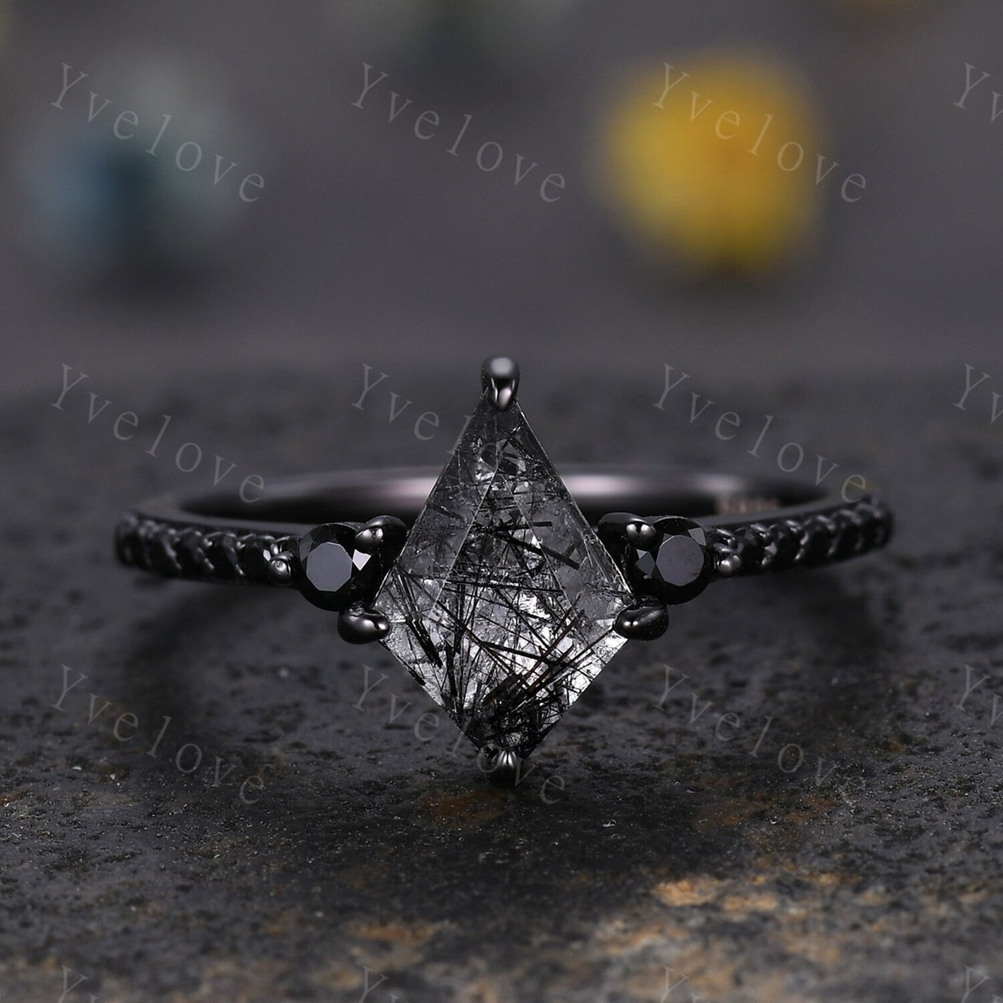 Dainty Kite Black Quartz Rutilated Engagement Ring Antique Black Gold Ring Black Gemstone Ring Bridal Ring Anniversary Ring Handmade Gift