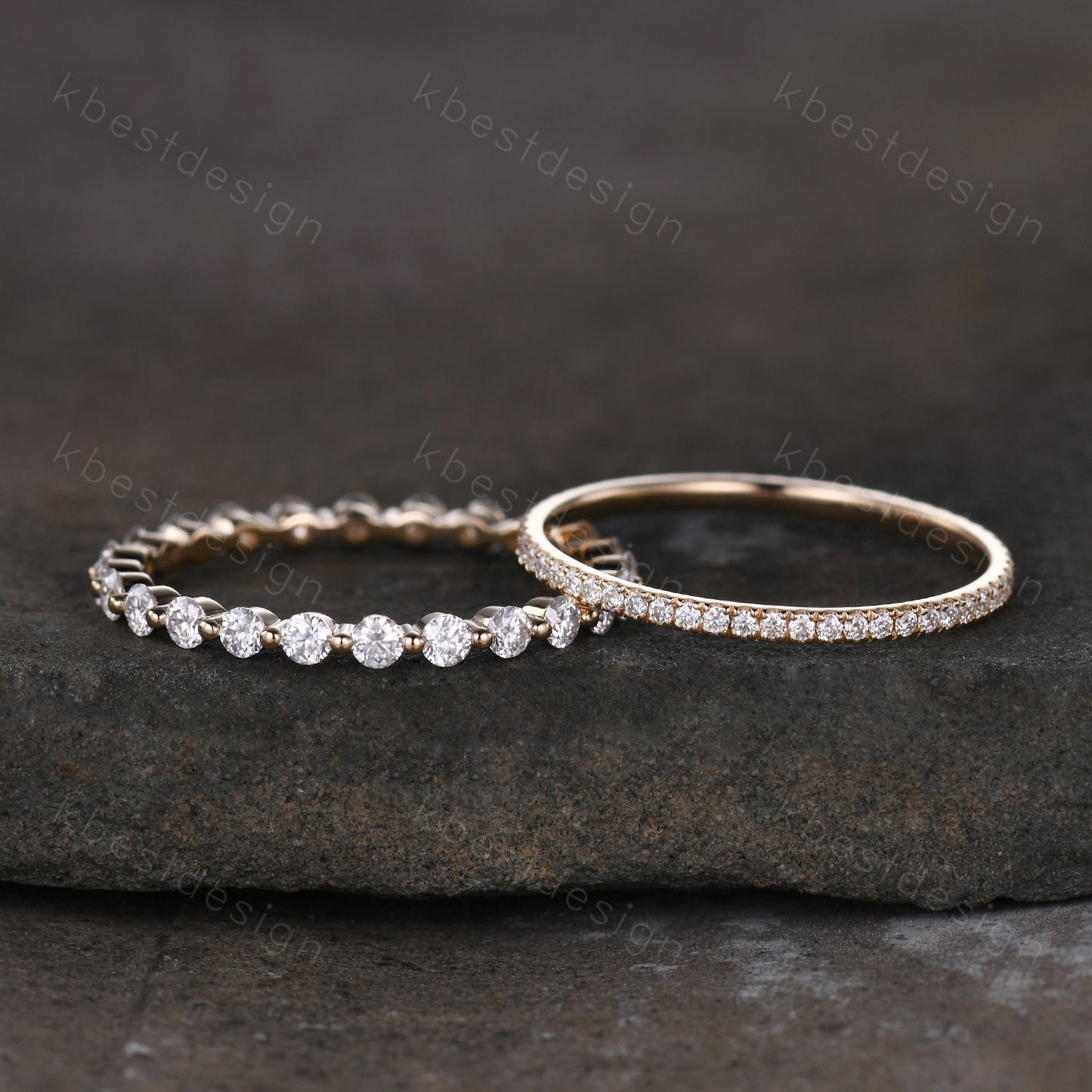 2PCS Moissanite wedding band set women 2mm Round cut eternity band Yellow gold wedding band Unique Stacking Matching anniversary ring gift