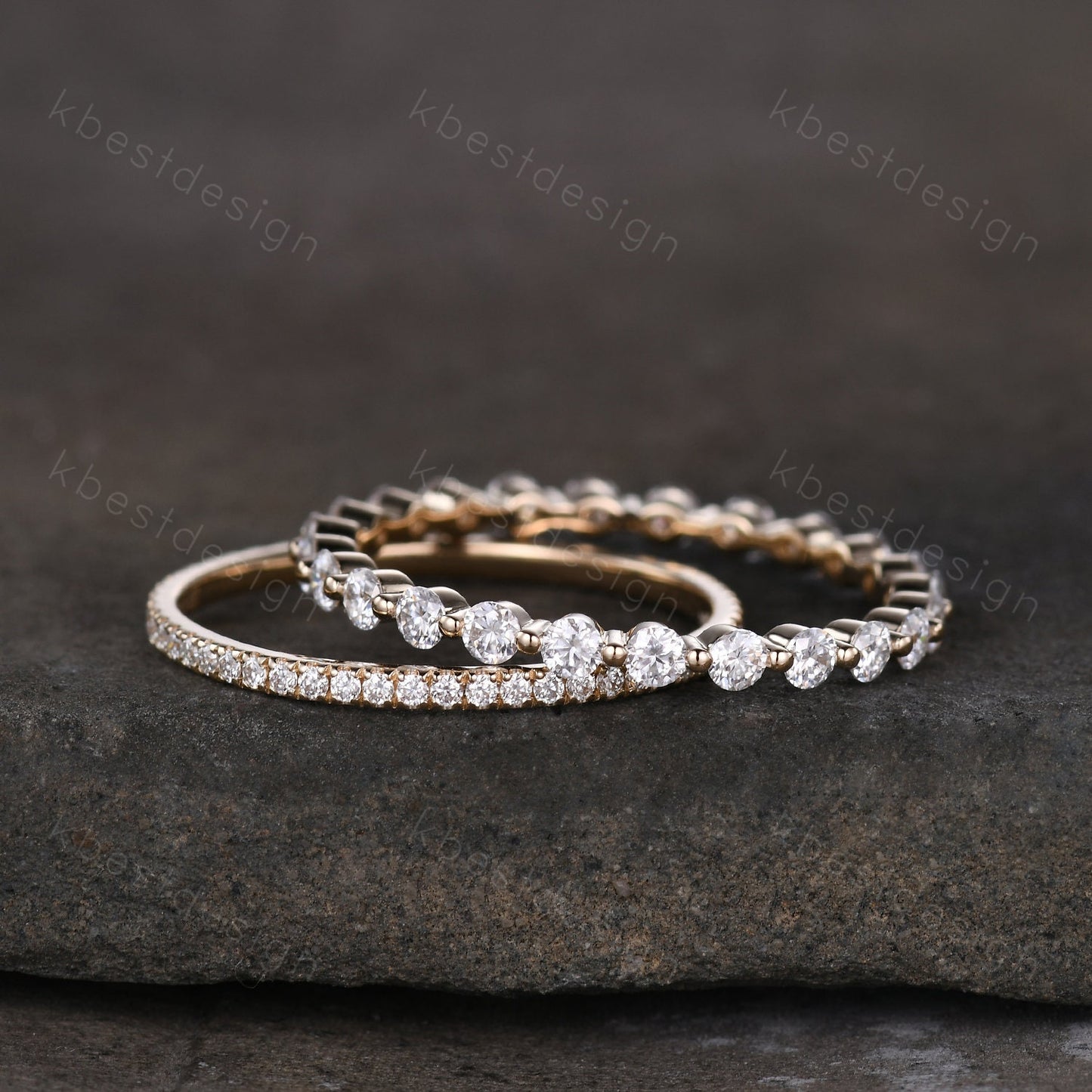 2PCS Moissanite wedding band set women 2mm Round cut eternity band Yellow gold wedding band Unique Stacking Matching anniversary ring gift