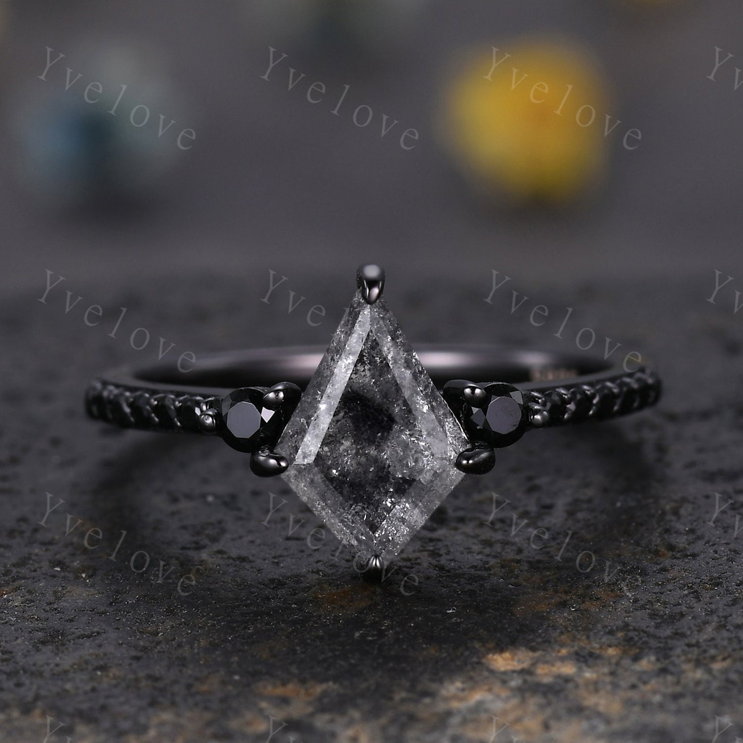 Dainty Kite Cut Salt and Pepper Diamond Engagement Ring Antique Black Gold Ring Black Spinel Gems Bridal Ring Promise Ring Handmade Gift