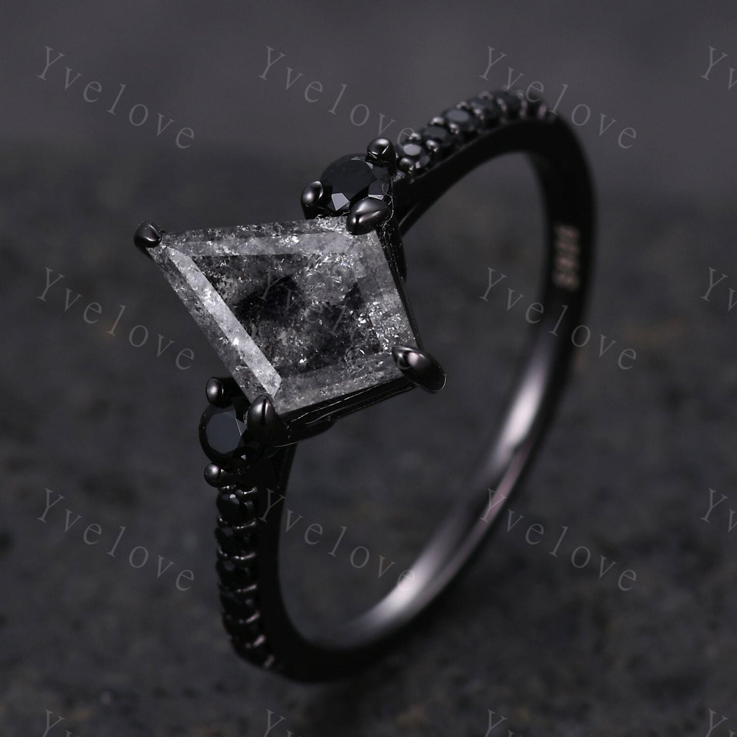 Dainty Kite Cut Salt and Pepper Diamond Engagement Ring Antique Black Gold Ring Black Spinel Gems Bridal Ring Promise Ring Handmade Gift