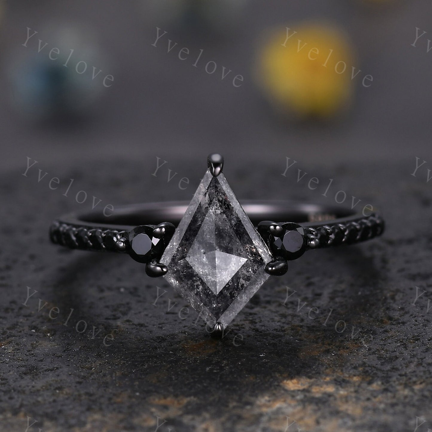 Dainty Kite Cut Salt and Pepper Diamond Engagement Ring Antique Black Gold Ring Black Spinel Gems Bridal Ring Promise Ring Handmade Gift