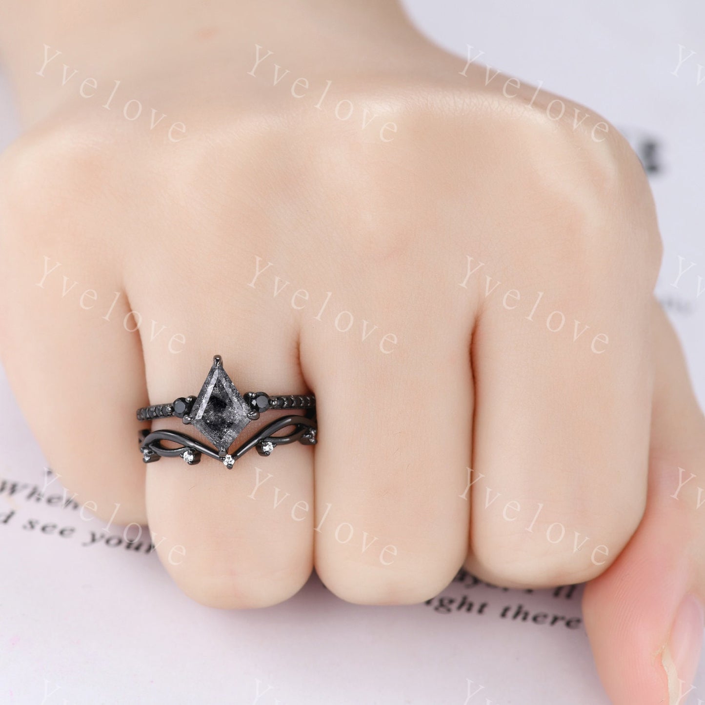 Dainty Kite Cut Salt and Pepper Diamond Engagement Ring Antique Black Gold Ring Black Spinel Gems Bridal Ring Promise Ring Handmade Gift