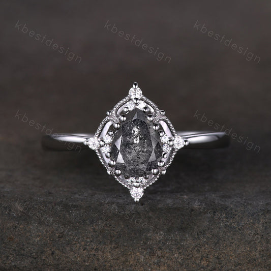 Pear Cut Salt and Pepper Diamond Engagement Ring Unique Art Deco Moissanite Ring 14K White Gold Ring Black Gemstone ring Bridal Promise Ring