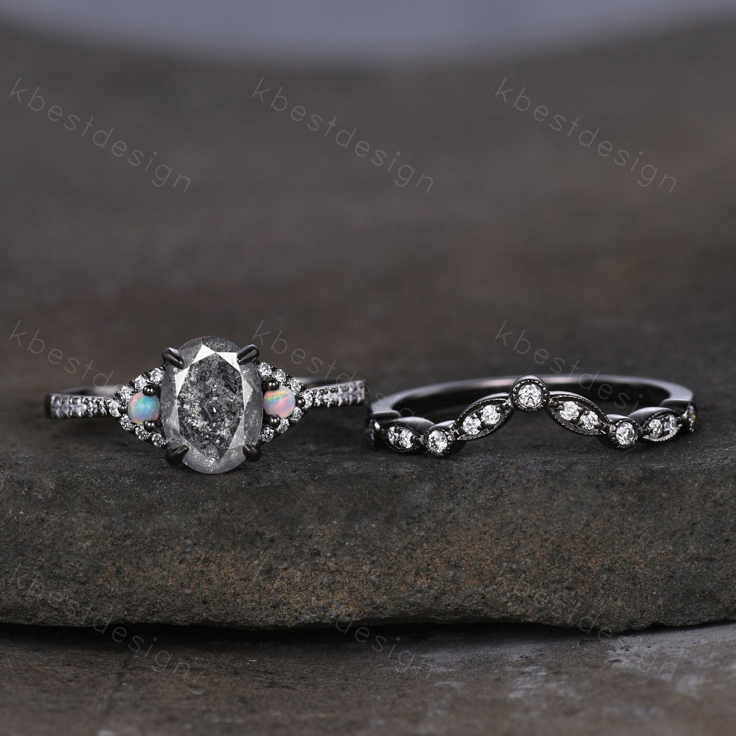 Vintage oval salt and pepper diamond engagement ring set black gold moissanite stacking wedding band unique art deco bridal wedding ring set