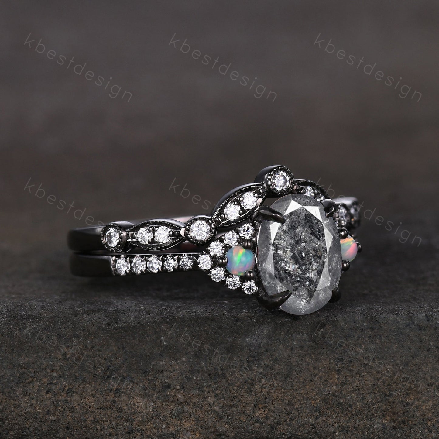 Vintage oval salt and pepper diamond engagement ring set black gold moissanite stacking wedding band unique art deco bridal wedding ring set