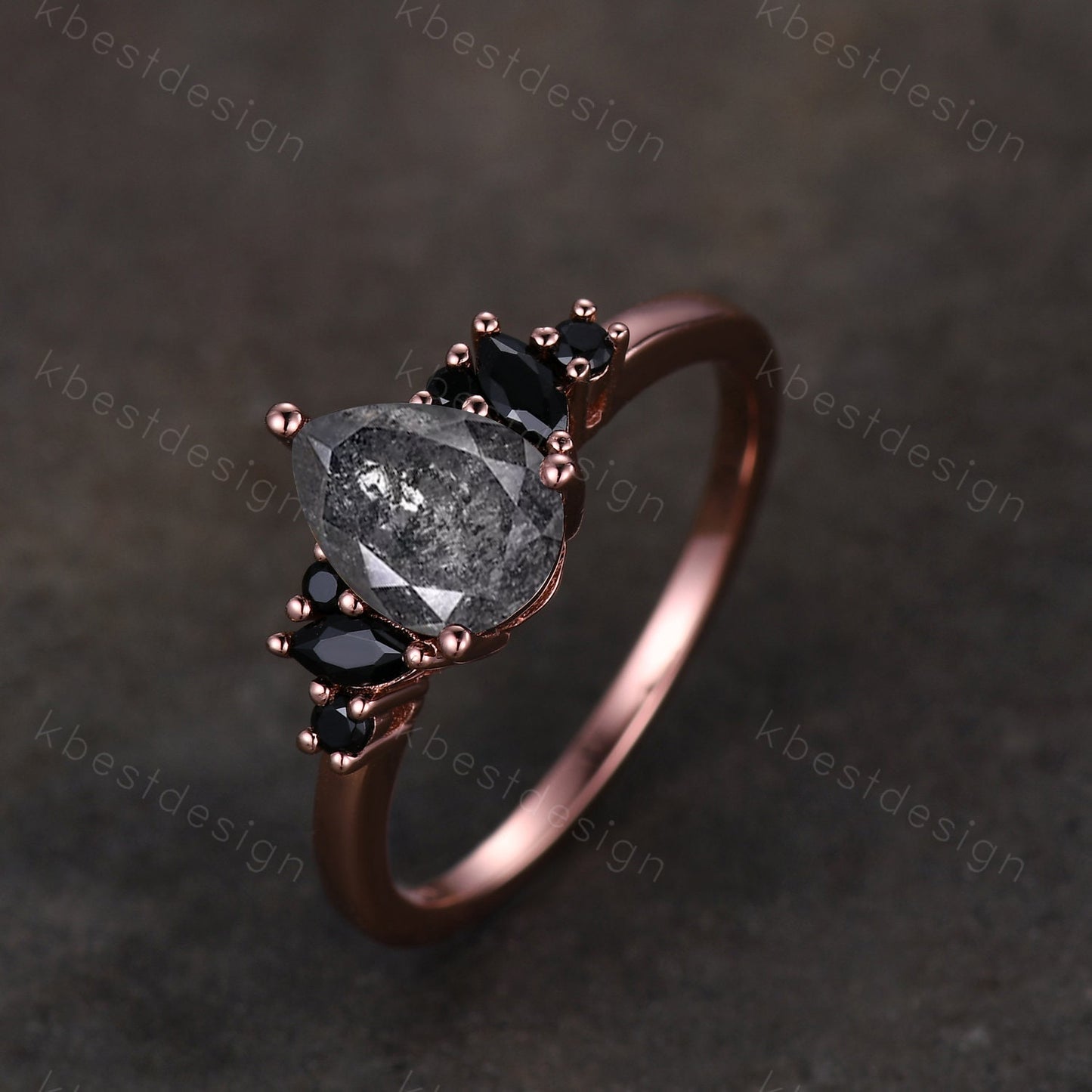 Pear Shaped Salt and Pepper Diamond Engagement Ring Unique Black Spinel Cluster Ring Rose Gold Marquise cut Ring Black Stone Promise Ring