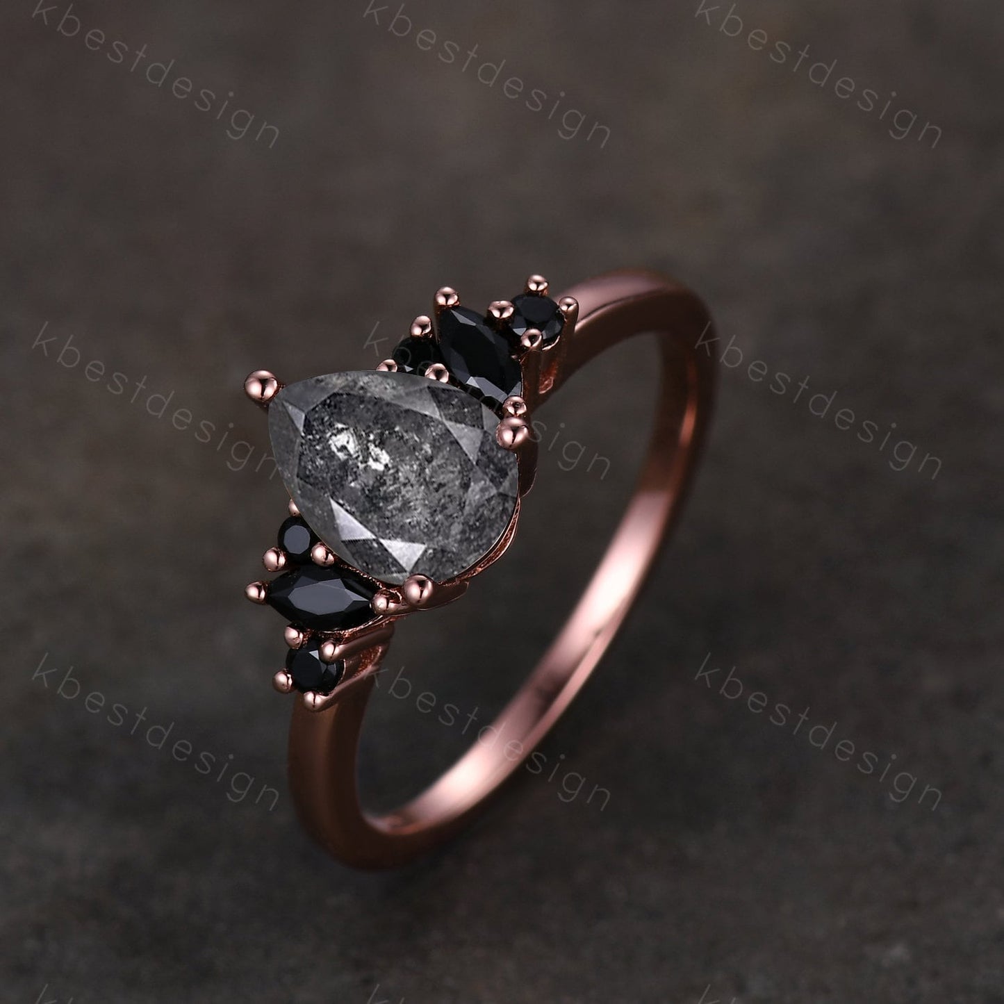 Pear Shaped Salt and Pepper Diamond Engagement Ring Unique Black Spinel Cluster Ring Rose Gold Marquise cut Ring Black Stone Promise Ring