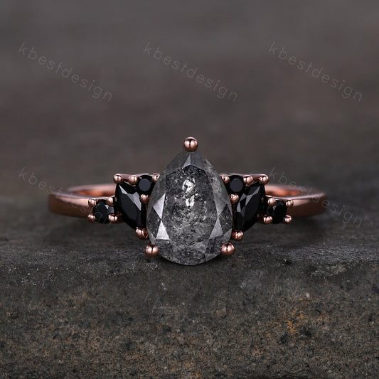 Pear Shaped Salt and Pepper Diamond Engagement Ring Unique Black Spinel Cluster Ring Rose Gold Marquise cut Ring Black Stone Promise Ring