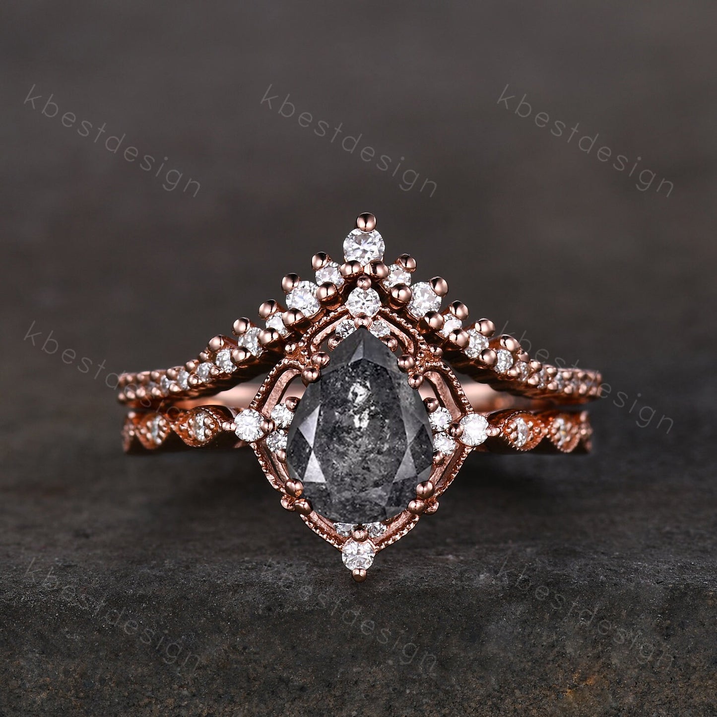 Vintage salt and pepper diamond engagement ring rose gold ring art deco curved stacking band pear shaped bridal set unique moissanite rings