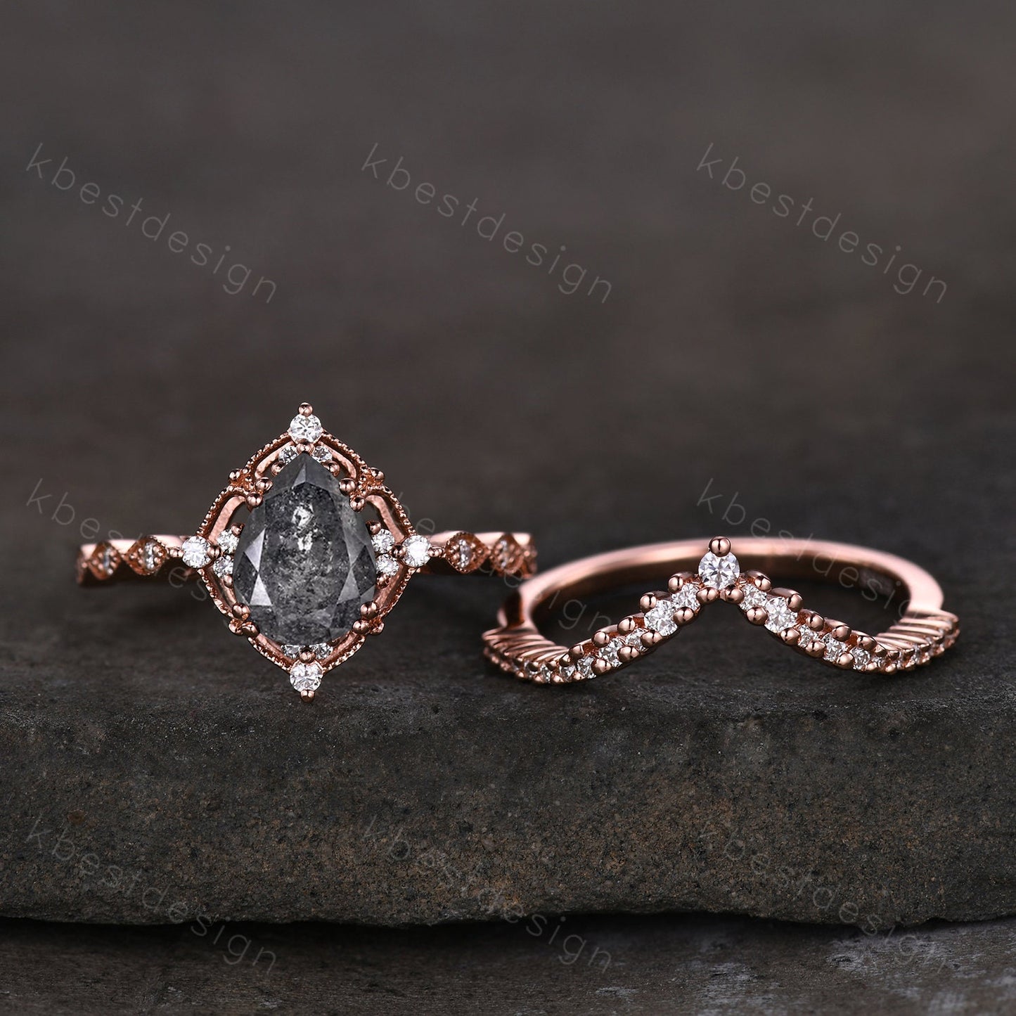 Vintage salt and pepper diamond engagement ring rose gold ring art deco curved stacking band pear shaped bridal set unique moissanite rings