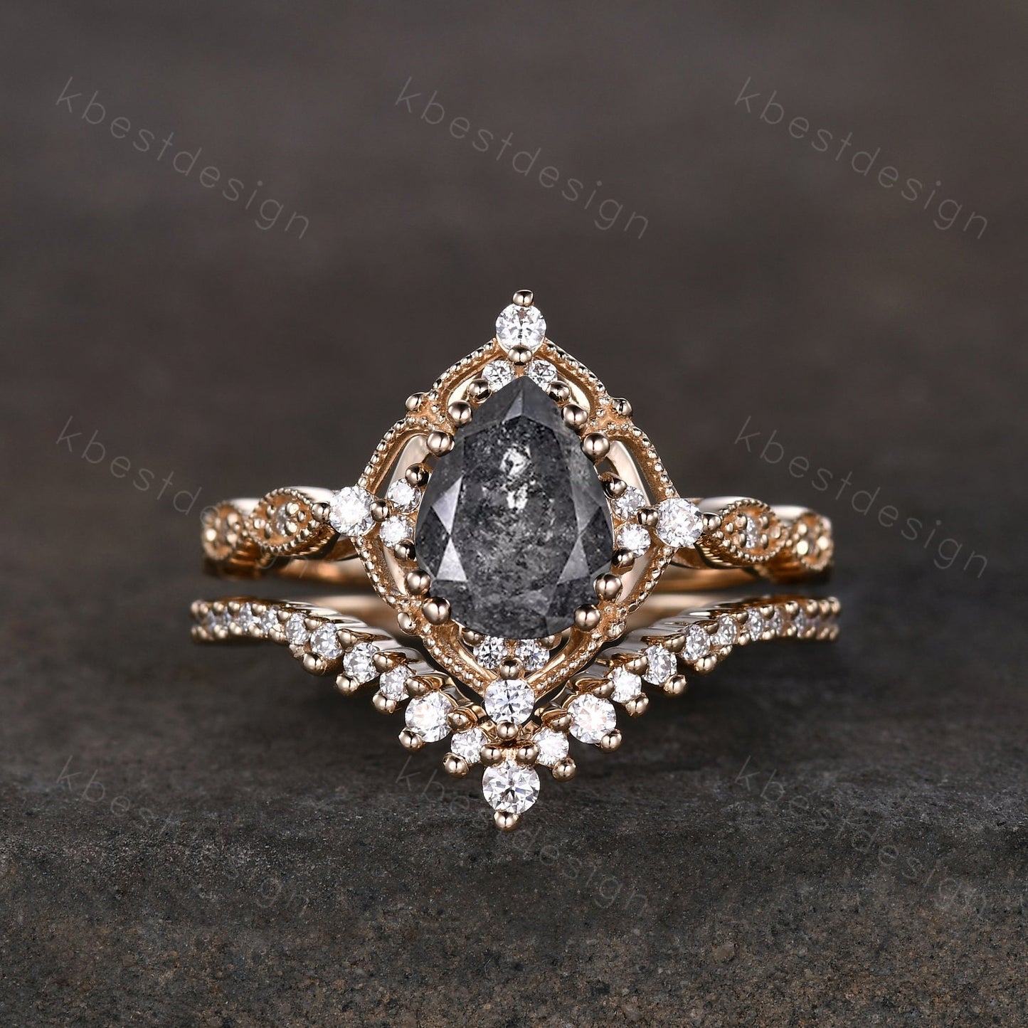Vintage salt and pepper diamond engagement ring rose gold ring art deco curved stacking band pear shaped bridal set unique moissanite rings