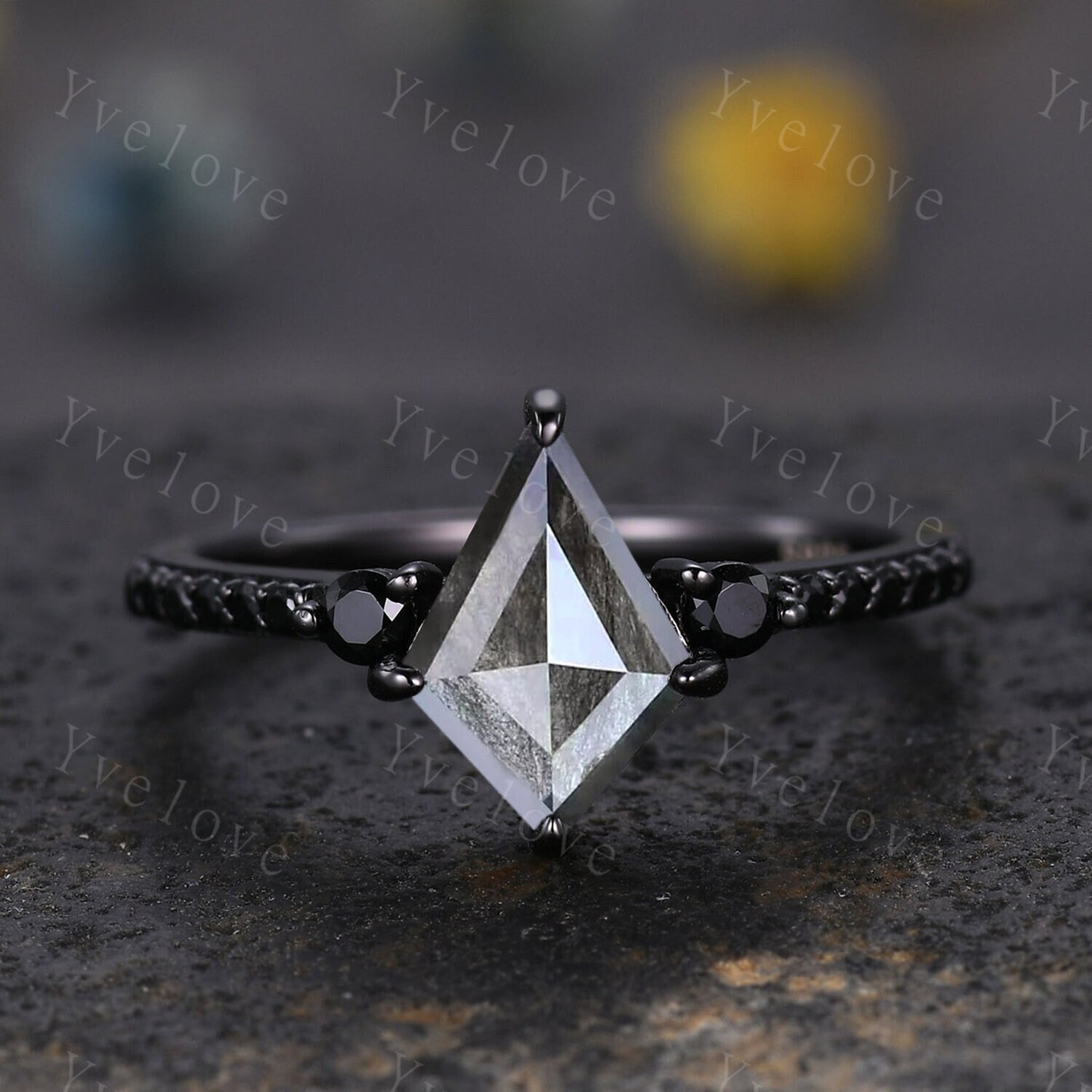 Dainty Kite Cut Salt and Pepper Diamond Engagement Ring Antique Black Gold Ring Black Spinel Gems Bridal Ring Promise Ring Handmade Gift