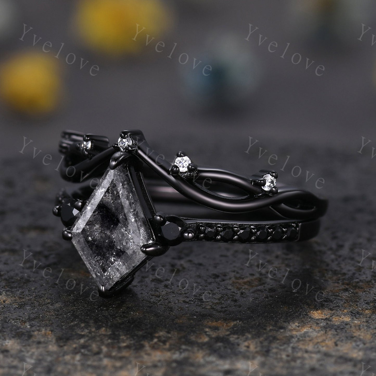 Dainty Kite Cut Salt and Pepper Diamond Engagement Ring Set Antique Black Gold Ring Black Spinel Gems Bridal Set Promise Ring Handmade Gift