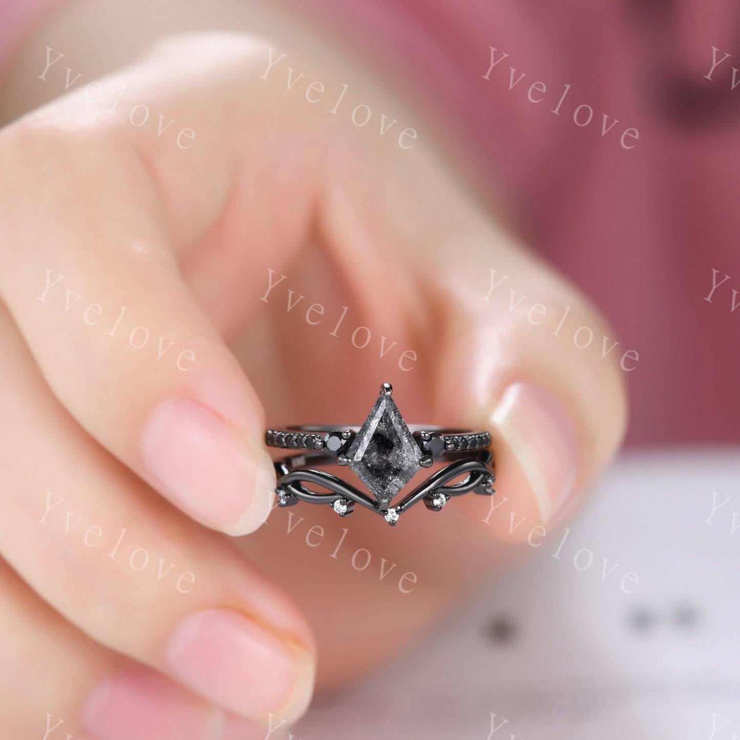 Dainty Kite Cut Salt and Pepper Diamond Engagement Ring Set Antique Black Gold Ring Black Spinel Gems Bridal Set Promise Ring Handmade Gift