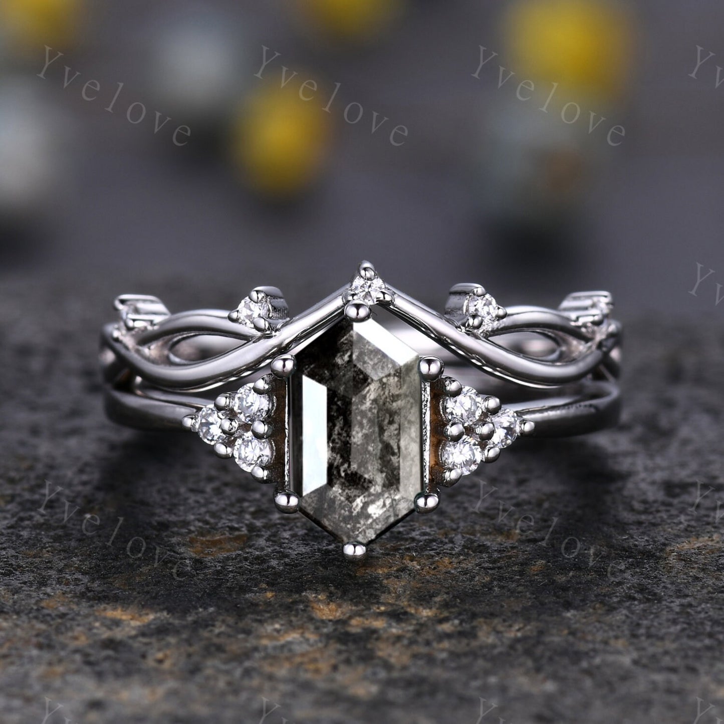 Retro Long hexagon Salt and Pepper Diamond Ring,Vintage Gray Diamond Ring,Unique Engagement Ring,Promise Ring,Anniversary Ring Gift For Her