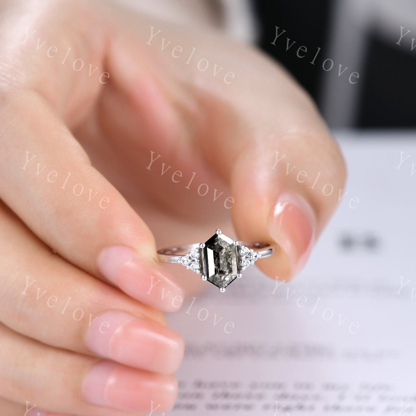Retro Long hexagon Salt and Pepper Diamond Ring,Vintage Gray Diamond Ring,Unique Engagement Ring,Promise Ring,Anniversary Ring Gift For Her