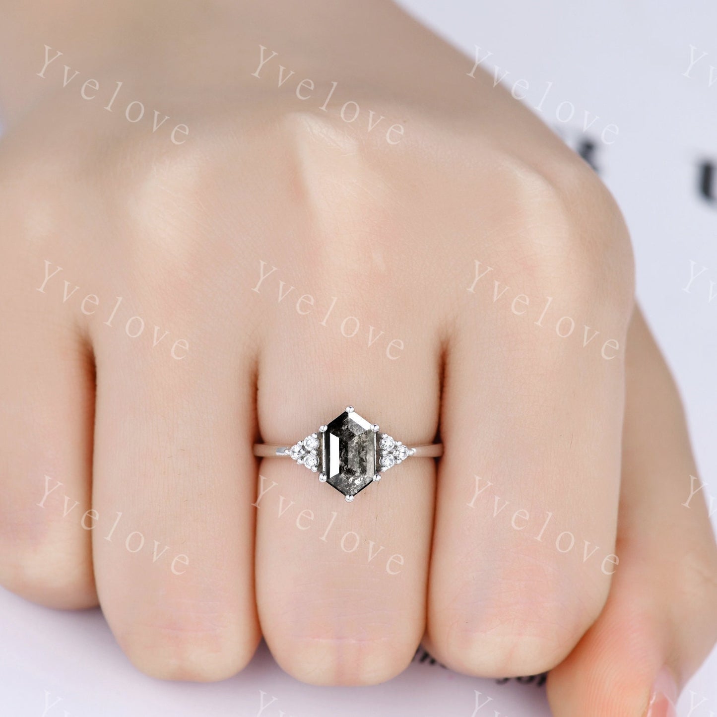 Retro Long hexagon Salt and Pepper Diamond Ring,Vintage Diamond Ring Set,Unique Engagement Ring,Promise Ring,Anniversary Ring Gift For Her
