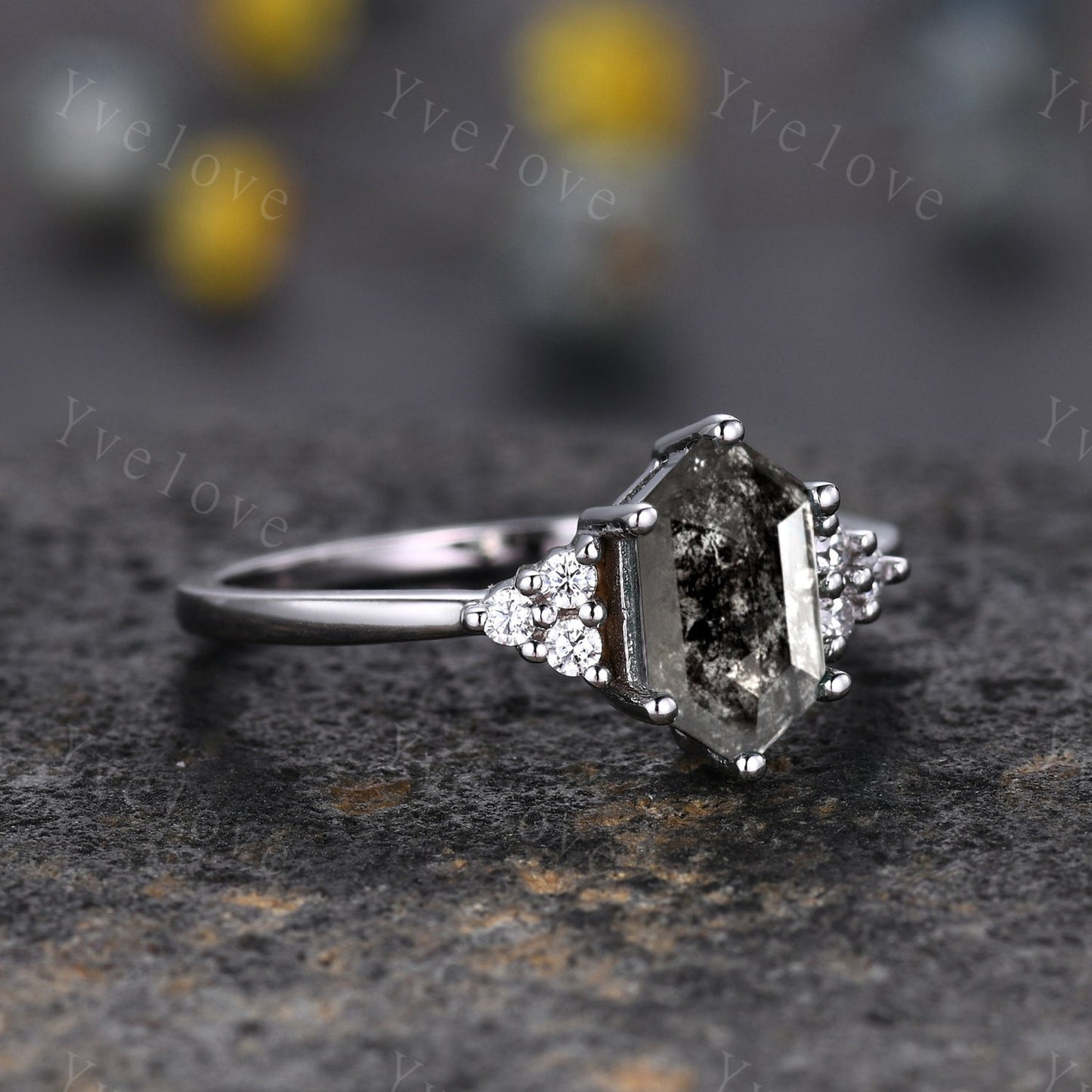 Retro Long hexagon Salt and Pepper Diamond Ring,Vintage Diamond Ring Set,Unique Engagement Ring,Promise Ring,Anniversary Ring Gift For Her