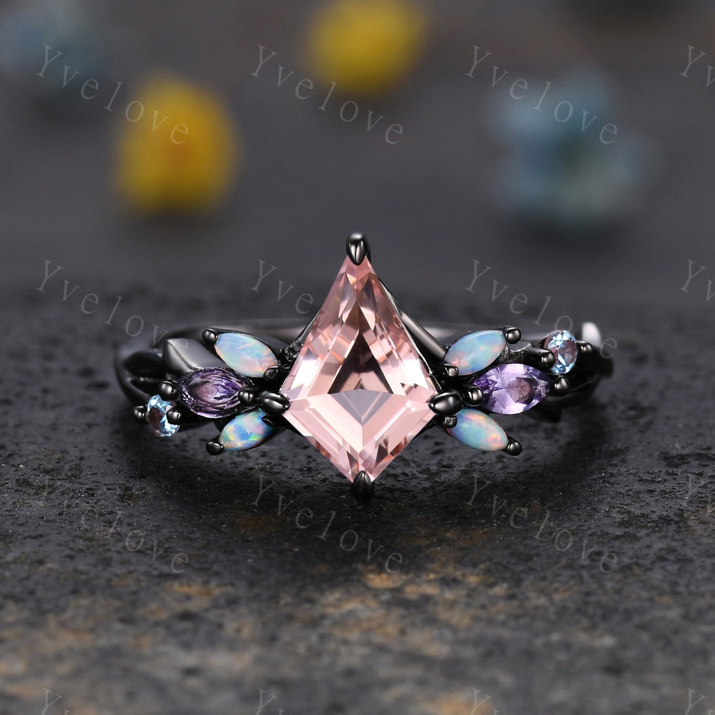Vintage Kite Morganite Engagement Ring Set,Black Gold,Vines Amethyst Opal Ring,Women Bridal Set,Unique Twig Anniversary Promise Ring Gift