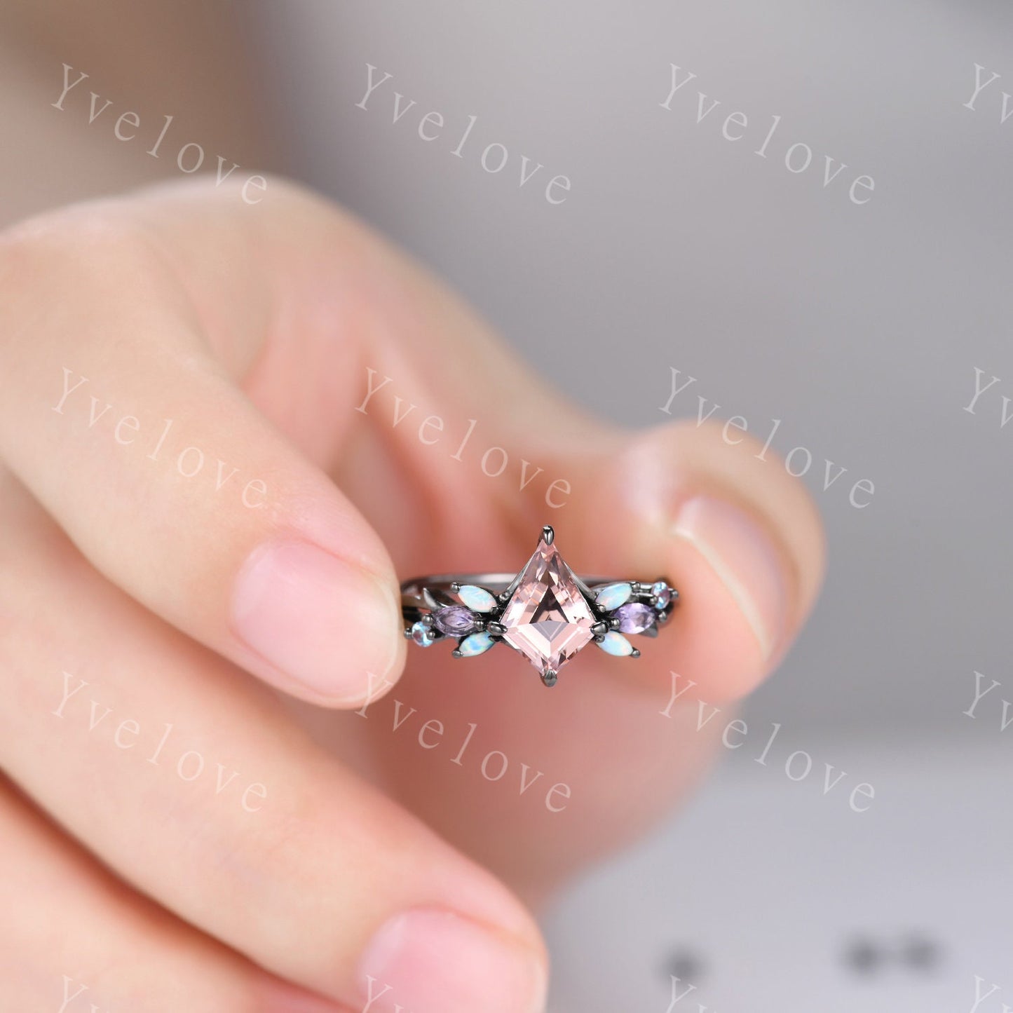 Vintage Kite Morganite Engagement Ring Set,Black Gold,Vines Amethyst Opal Ring,Women Bridal Set,Unique Twig Anniversary Promise Ring Gift