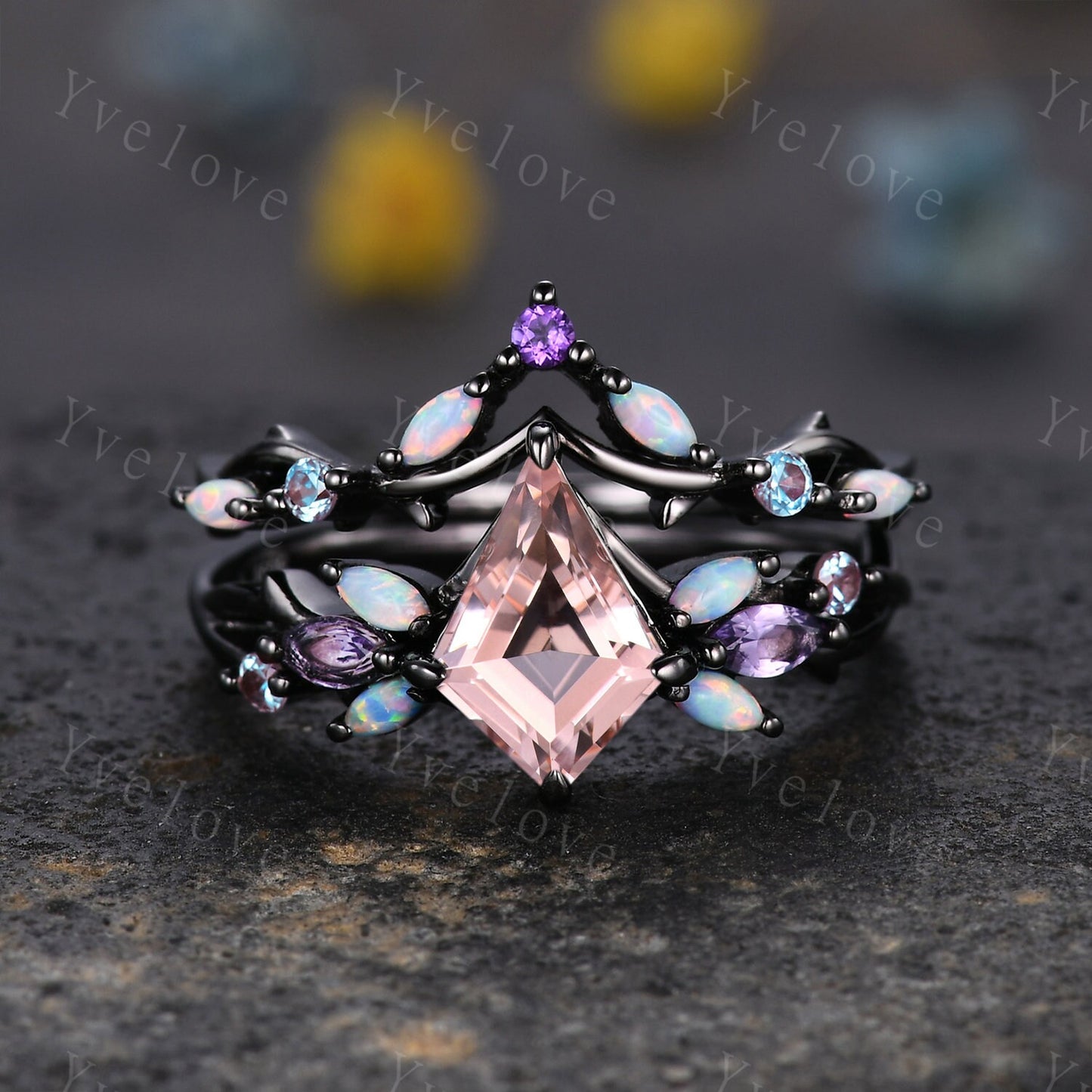 Vintage Kite Morganite Engagement Ring Set,Black Gold,Vines Amethyst Opal Ring,Women Bridal Set,Unique Twig Anniversary Promise Ring Gift
