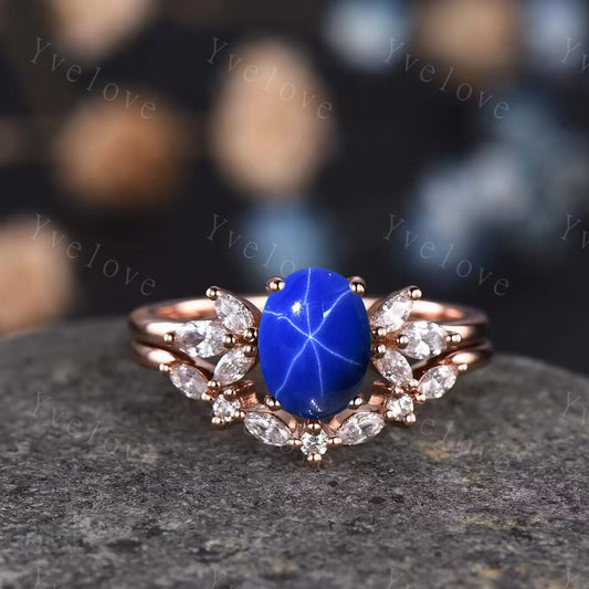 Star Sapphire Engagement Ring Set Women Stacking Matching Band Diamond Moissanite Eternity Ring Unique Vintage Floral Design Promise Gift