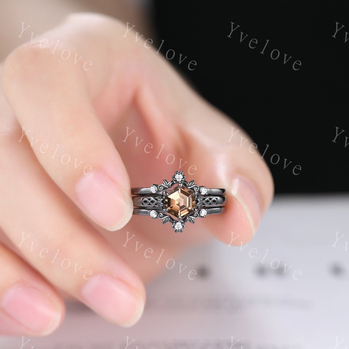 Hexagon Shaped Smoky Quartz Engagement Ring Set Silver Vintage Smoky Quartz Wedding Ring Enhancer Band Art Deco Bridal  Ring Set For Women