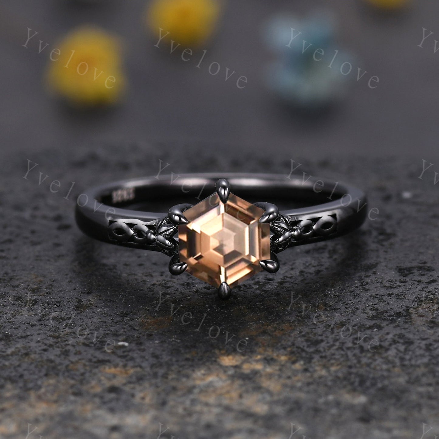 Hexagon Shaped Smoky Quartz Engagement Ring Set Silver Vintage Smoky Quartz Wedding Ring Enhancer Band Art Deco Bridal  Ring Set For Women