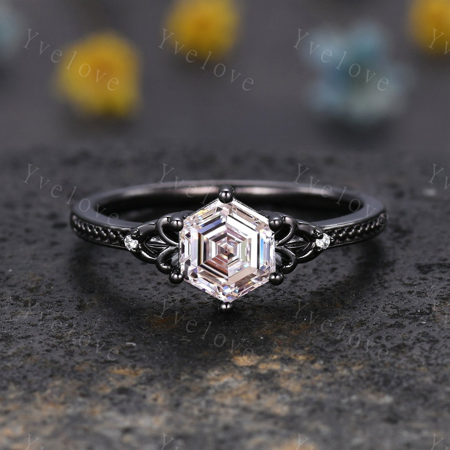Hexagon Moissanite Engagement Ring Set Vintage Black Gold Ring Unique black enhancer band,Diamond Ring Anniversary Gift,Celtic Gothic Ring