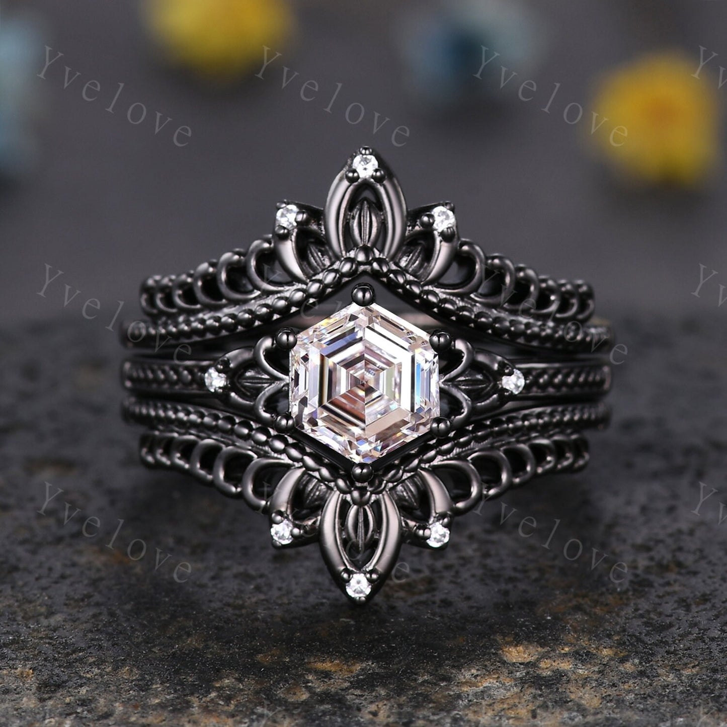 Hexagon Moissanite Engagement Ring Set Vintage Black Gold Ring Unique black enhancer band,Diamond Ring Anniversary Gift,Celtic Gothic Ring