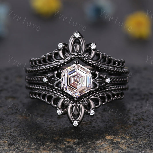 Hexagon Moissanite Engagement Ring Set Vintage Black Gold Ring Unique black enhancer band,Diamond Ring Anniversary Gift,Celtic Gothic Ring
