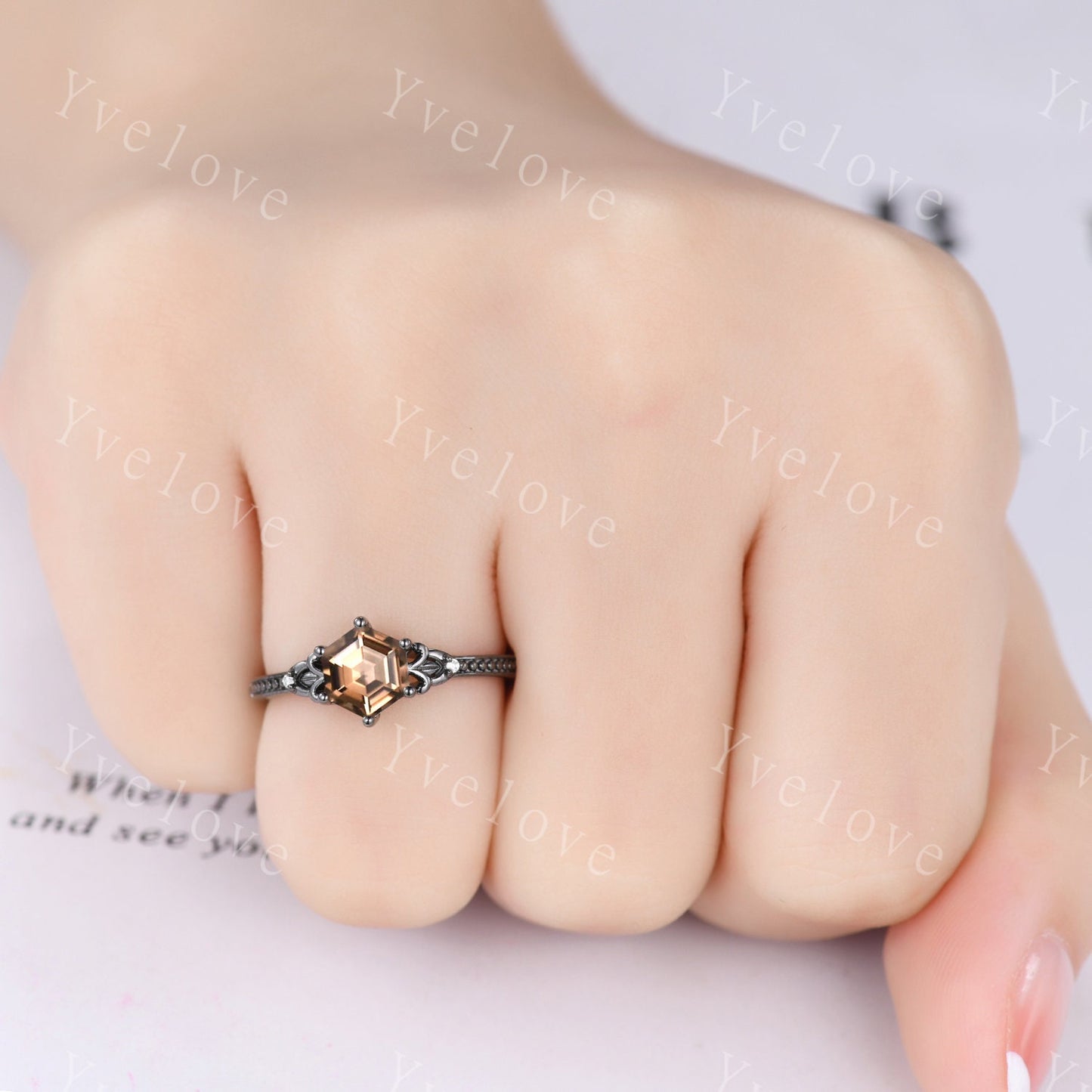 Vintage Black Gold Hexagon Cut Smoky Quartz Engagement Ring Set Unique Bridal Set,Diamond Ring Dark Promise Wedding Set,Celtic Enhancer Band