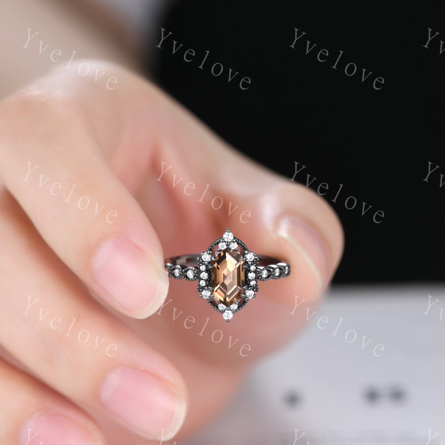 Retro Hexagon Shaped Smoky Quartz Engagement Ring Set Black Gold Antique V Curved Moissanite Stacking Matching Wedding Band Bridal Set