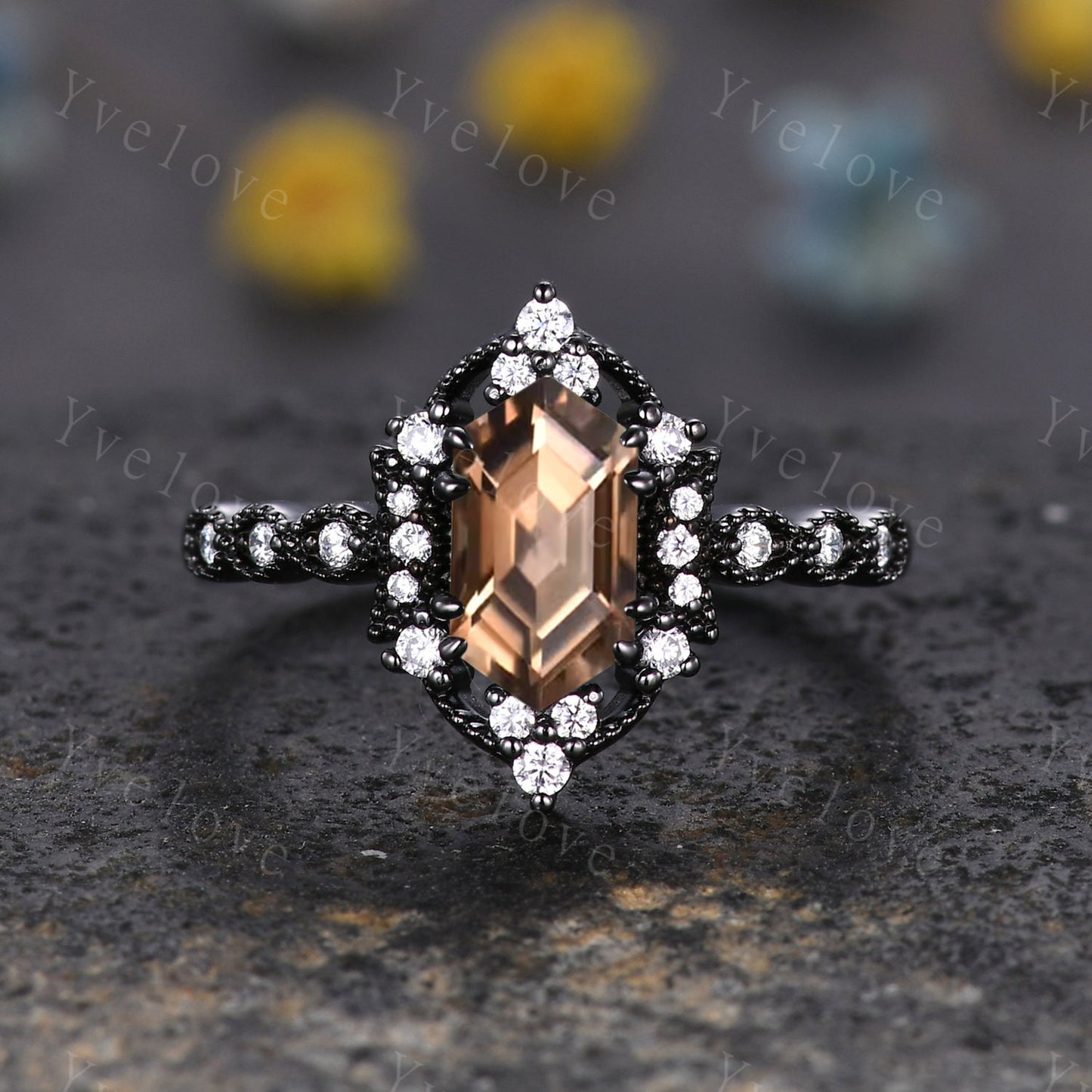 Retro Hexagon Shaped Smoky Quartz Engagement Ring Set Black Gold Antique V Curved Moissanite Stacking Matching Wedding Band Bridal Set