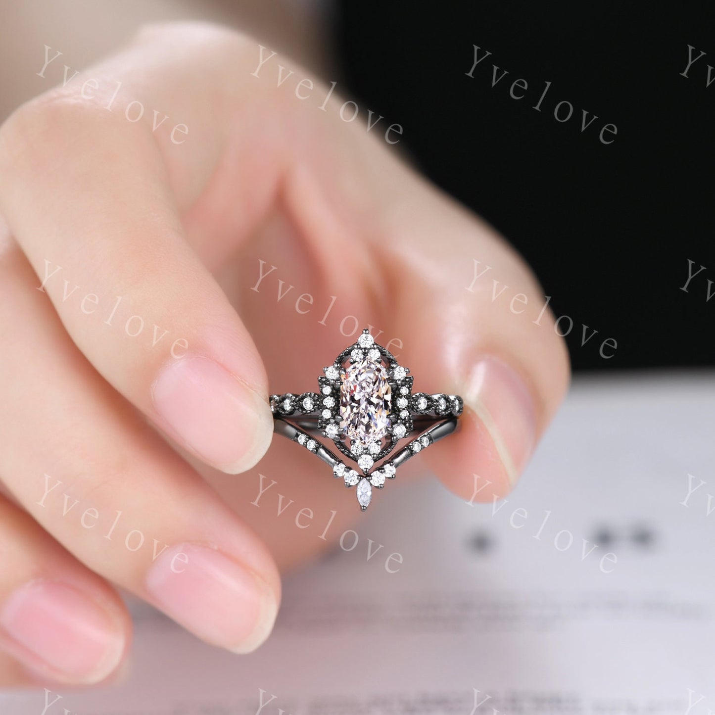 Retro Hexagon Shaped Moissanite Engagement Ring Set Black Gold Antique V Curved Moissanite Stack Matching Wedding Band Bridal Set For Women