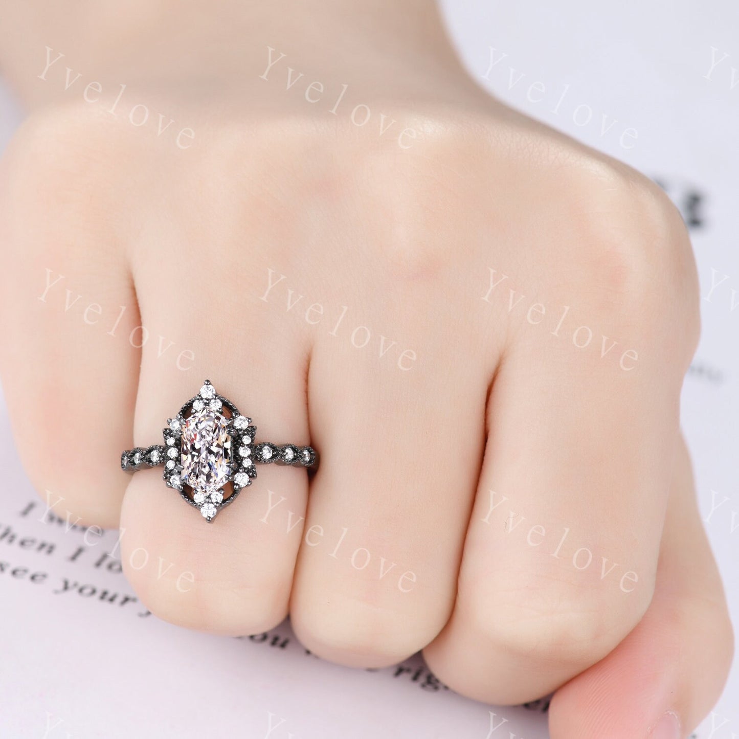 Retro Hexagon Shaped Moissanite Engagement Ring Set Black Gold Antique V Curved Moissanite Stack Matching Wedding Band Bridal Set For Women