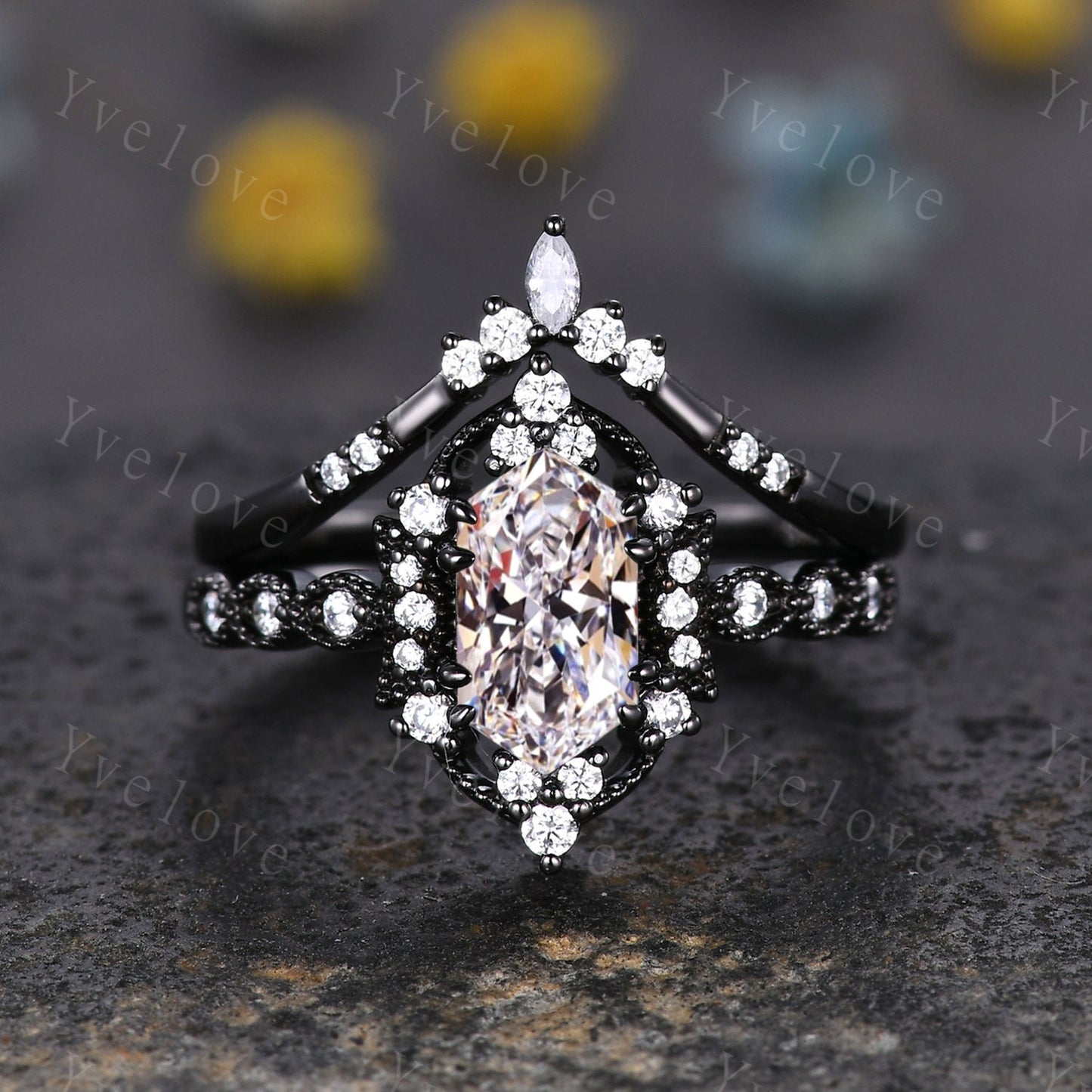 Retro Hexagon Shaped Moissanite Engagement Ring Set Black Gold Antique V Curved Moissanite Stack Matching Wedding Band Bridal Set For Women