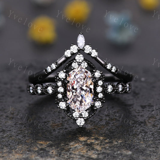 Retro Hexagon Shaped Moissanite Engagement Ring Set Black Gold Antique V Curved Moissanite Stack Matching Wedding Band Bridal Set For Women