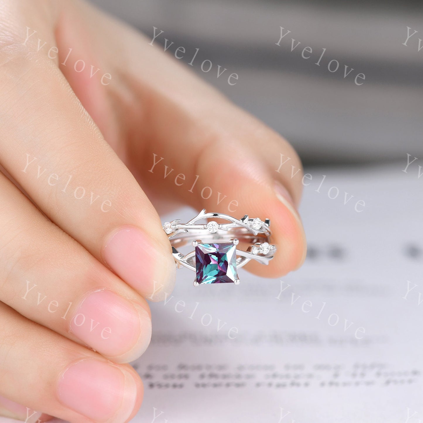 Unique Princess cut Alexandrite Engagement Ring Set,Art Deco Branch Twig Diamond Ring,Silver,Promise Wedding Ring Anniversary Gift For her