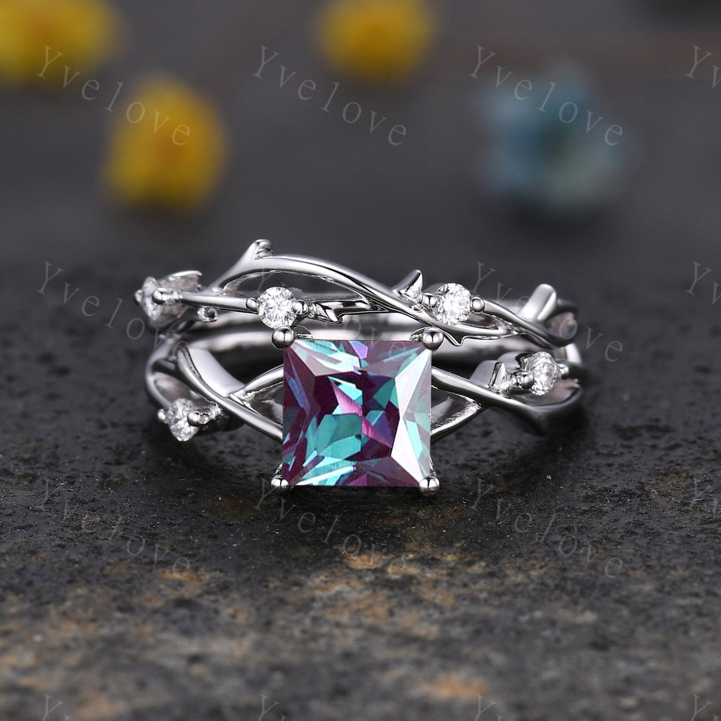 Unique Princess cut Alexandrite Engagement Ring Set,Art Deco Branch Twig Diamond Ring,Silver,Promise Wedding Ring Anniversary Gift For her