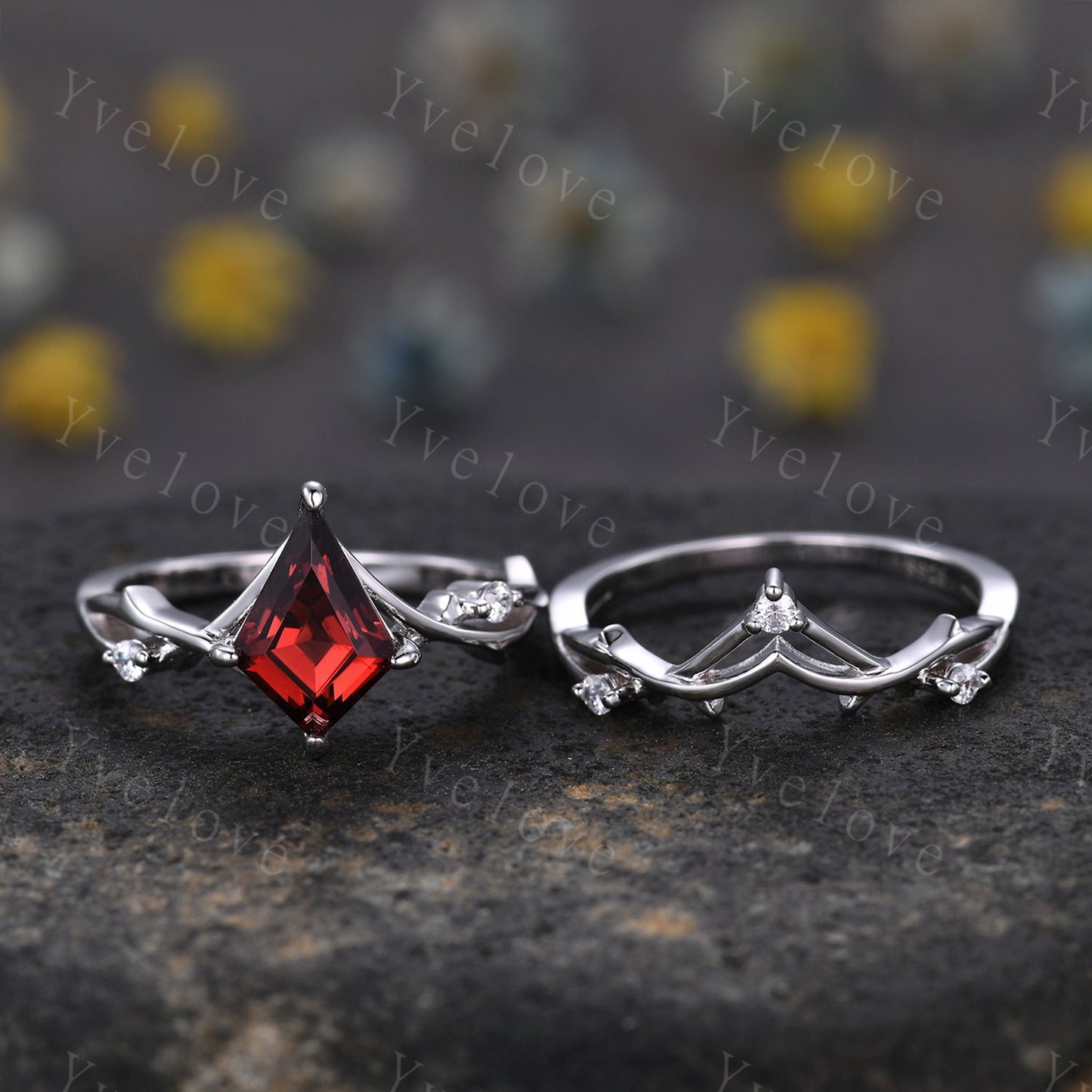Vintage Kite Shaped Red Garnet Engagement Ring Set,Twisted Ring Vines Diamond Bridal Set,Branch Ring,Dainty Twig Diamond Ring Promise Gift