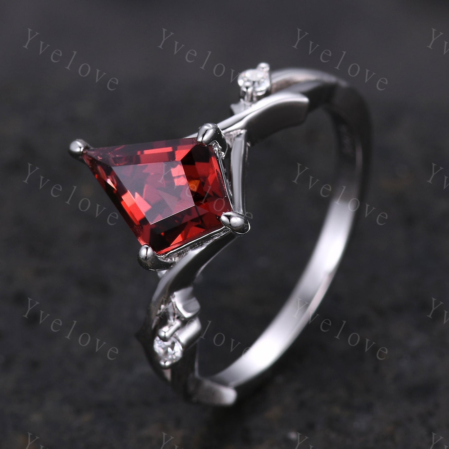 Unique Kite Shaped Red Garnet Engagement Ring,Twisted Ring,Garnet Wedding Band Diamond Bridal Ring,Dainty Twig Promise Ring Anniversary Gift